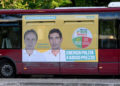 I volti di Angelo Bonelli e Nicola Fratoianni su una pubblicità elettorale di Avs (Alleanza Verdi Sinistra) a Roma in vista delle elezioni europee dell’8 e 9 giugno scorsi