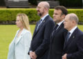 Da sinistra, Giorgia Meloni, Charles Michel, Emmanuel Macron e Olaf Scholz, al G7 di Hiroshima, Giappone, 19 maggio 2023