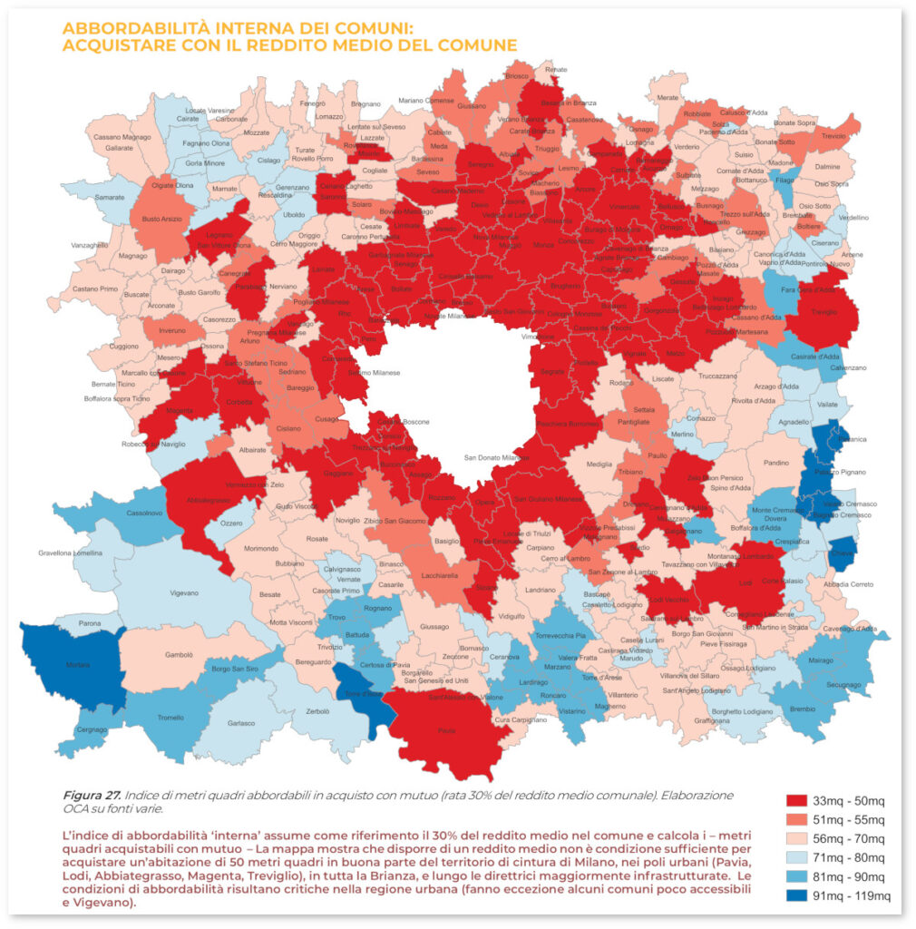 Cartina: Indice di metri quadrati abbordabili in acquisto con mutuo (rata 30 per cento del reddito medio comunale)