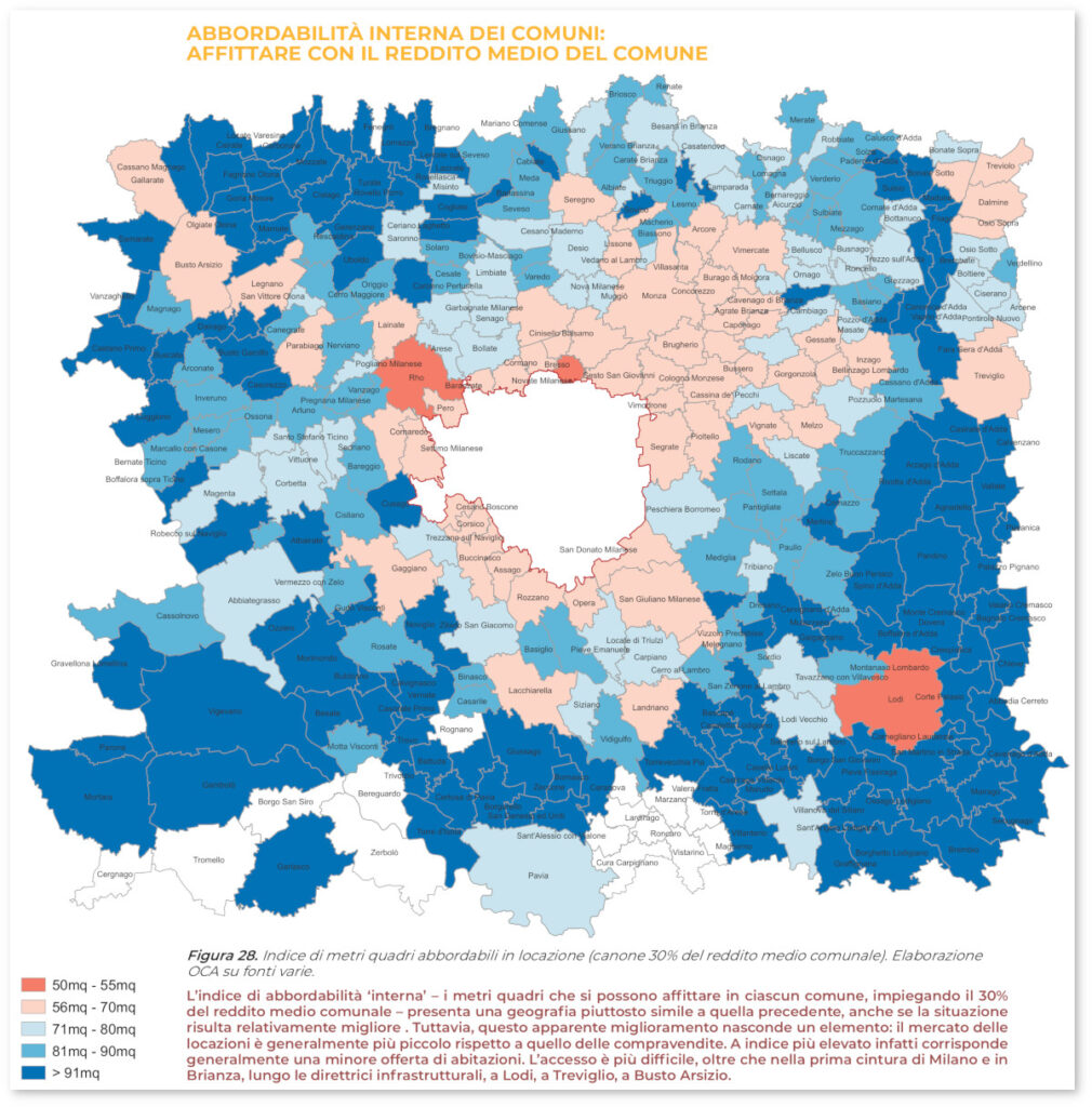 Cartina: Indice di metri quadri abbordabili in locazione (canone 30 per cento del reddito medio comunale)